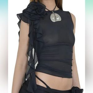Black Ruffle Flower Shoulder Lioness Rendezvous Dupe Top Blouse